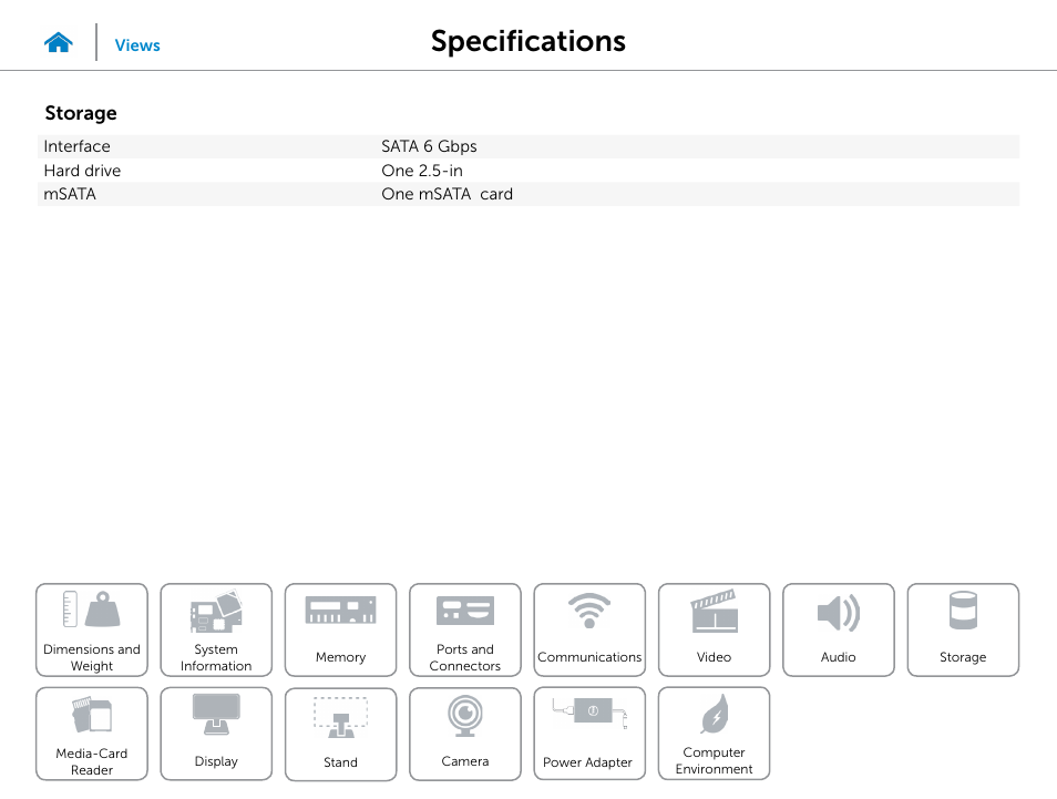 Storage, Specifications | Dell Inspiron 23 (2350, Mid 2013) User Manual | Page 14 / 20