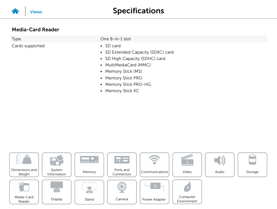 Media‑card, Reader, Specifications | Media-card reader | Dell Inspiron 23 (2350, Mid 2013) User Manual | Page 15 / 20