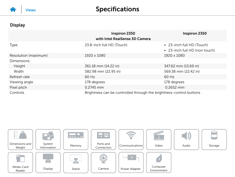 Display, Specifications | Dell Inspiron 23 (2350, Mid 2013) User Manual | Page 16 / 20