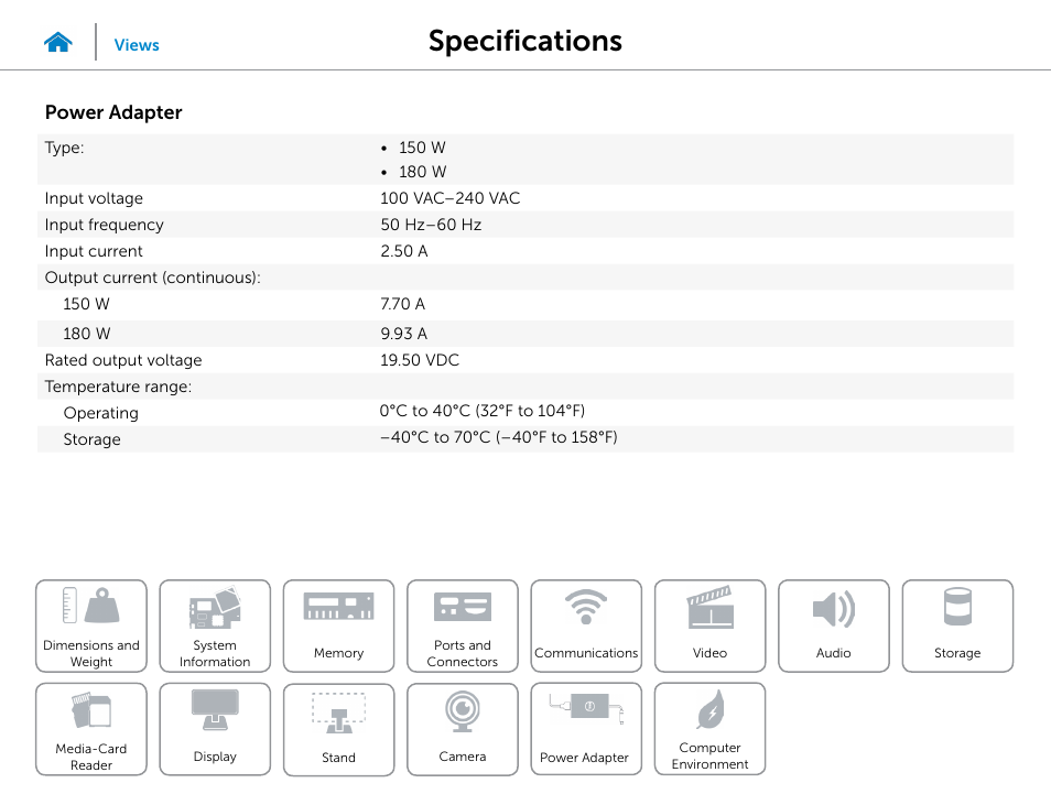 Power adapter, Specifications | Dell Inspiron 23 (2350, Mid 2013) User Manual | Page 19 / 20