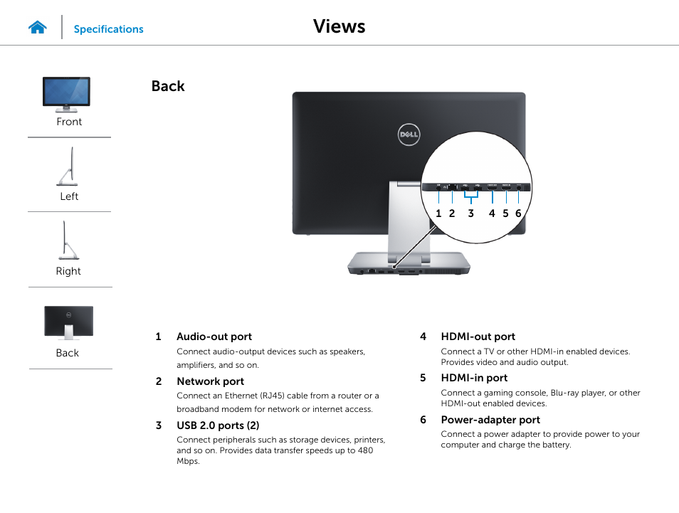 Back, Views | Dell Inspiron 23 (2350, Mid 2013) User Manual | Page 5 / 20