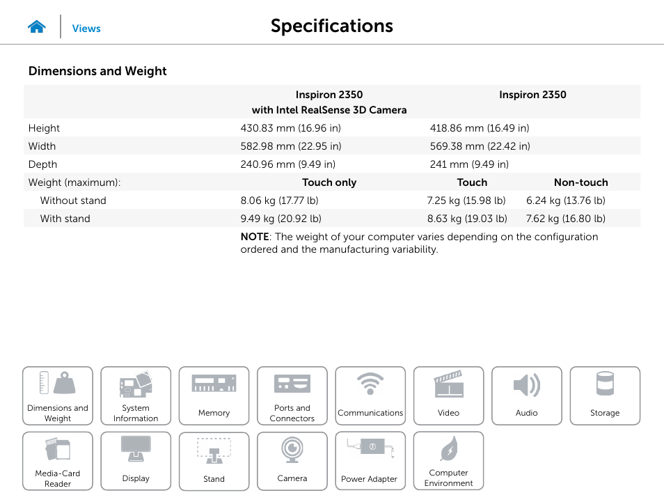 Specifications, Dimensions and weight | Dell Inspiron 23 (2350, Mid 2013) User Manual | Page 7 / 20