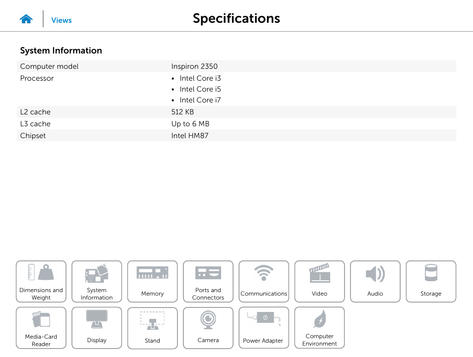 System, Information, Specifications | System information | Dell Inspiron 23 (2350, Mid 2013) User Manual | Page 8 / 20