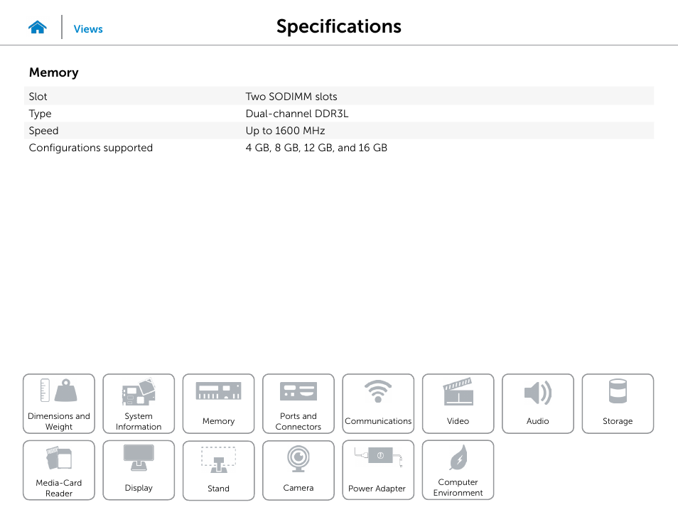 Memory, Specifications | Dell Inspiron 23 (2350, Mid 2013) User Manual | Page 9 / 20