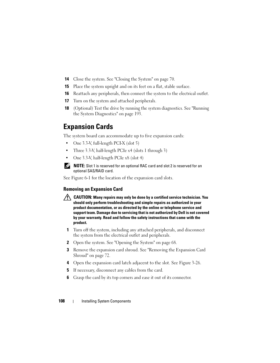 Expansion cards, Removing an expansion card | Dell PowerEdge T605 User Manual | Page 108 / 230