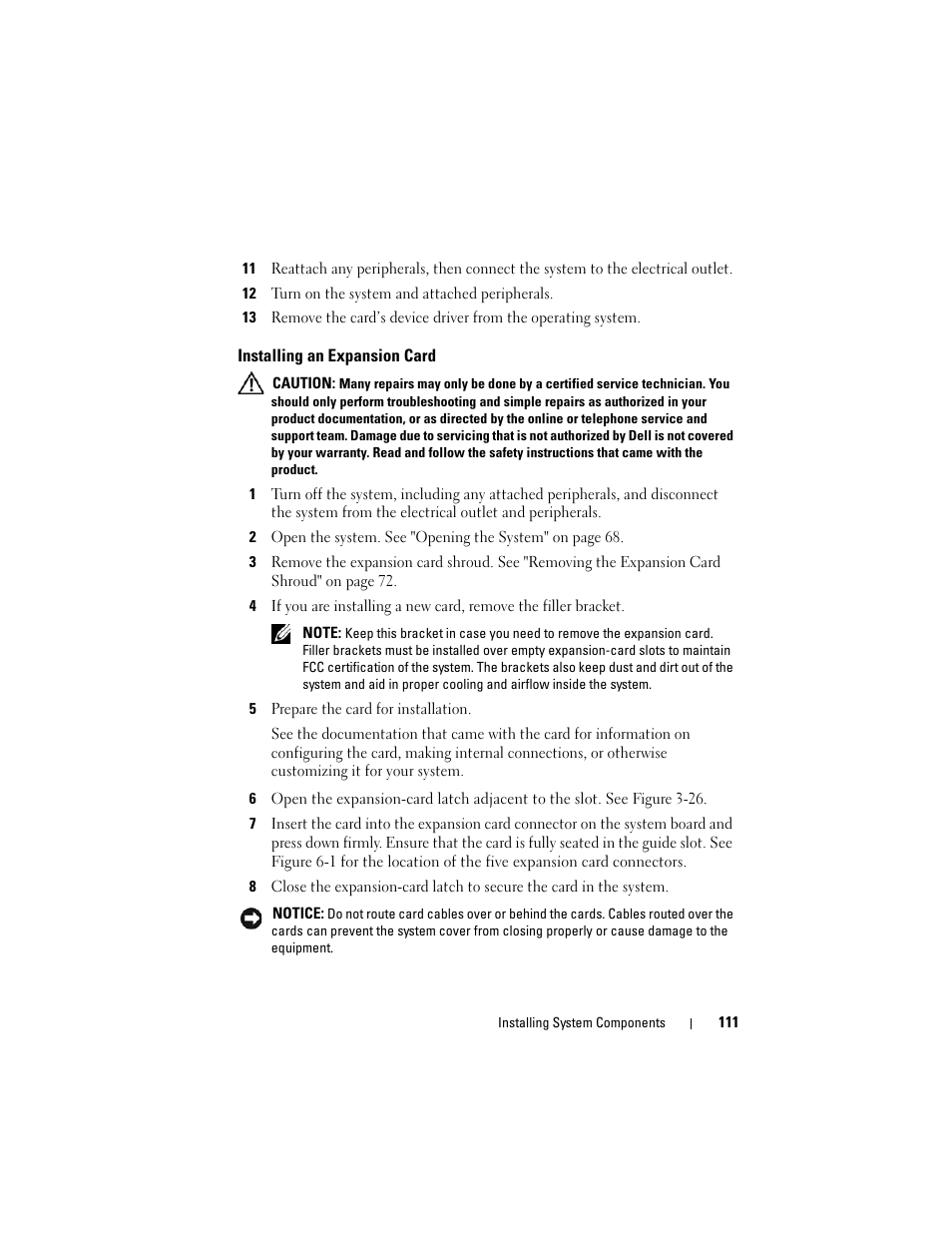 Installing an expansion card | Dell PowerEdge T605 User Manual | Page 111 / 230