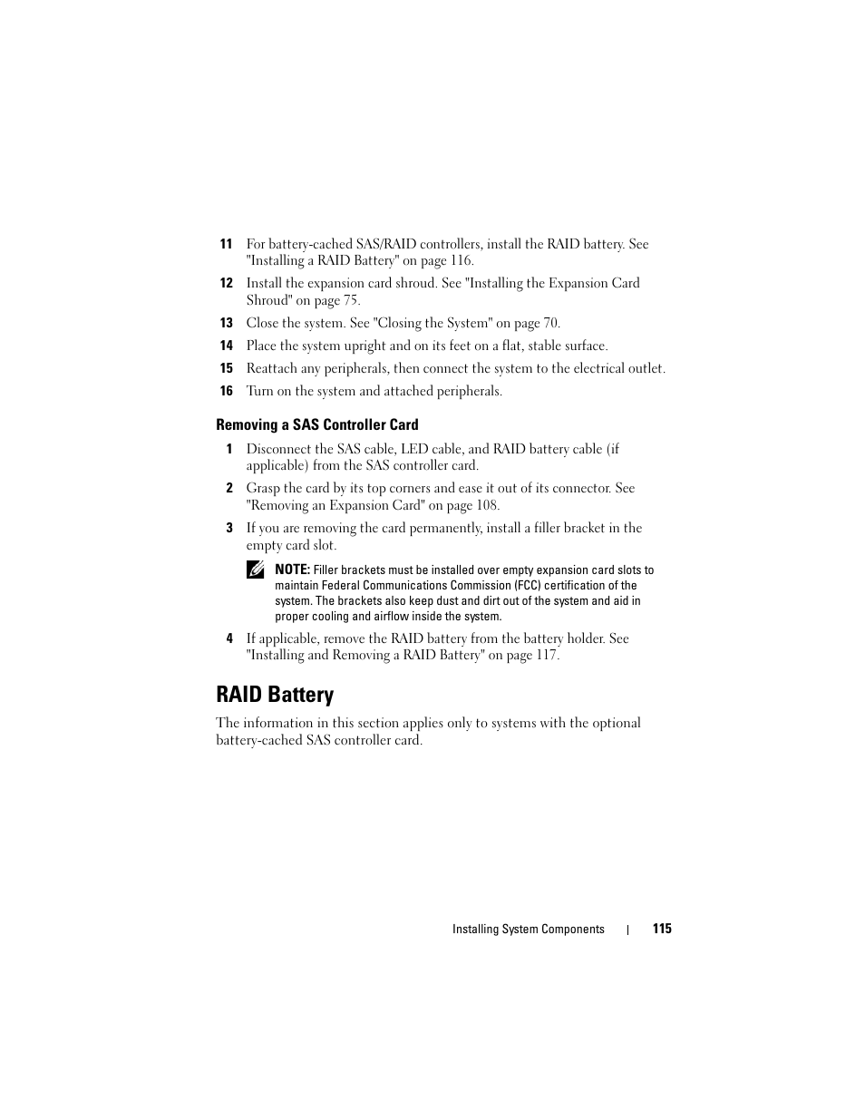 Removing a sas controller card, Raid battery | Dell PowerEdge T605 User Manual | Page 115 / 230