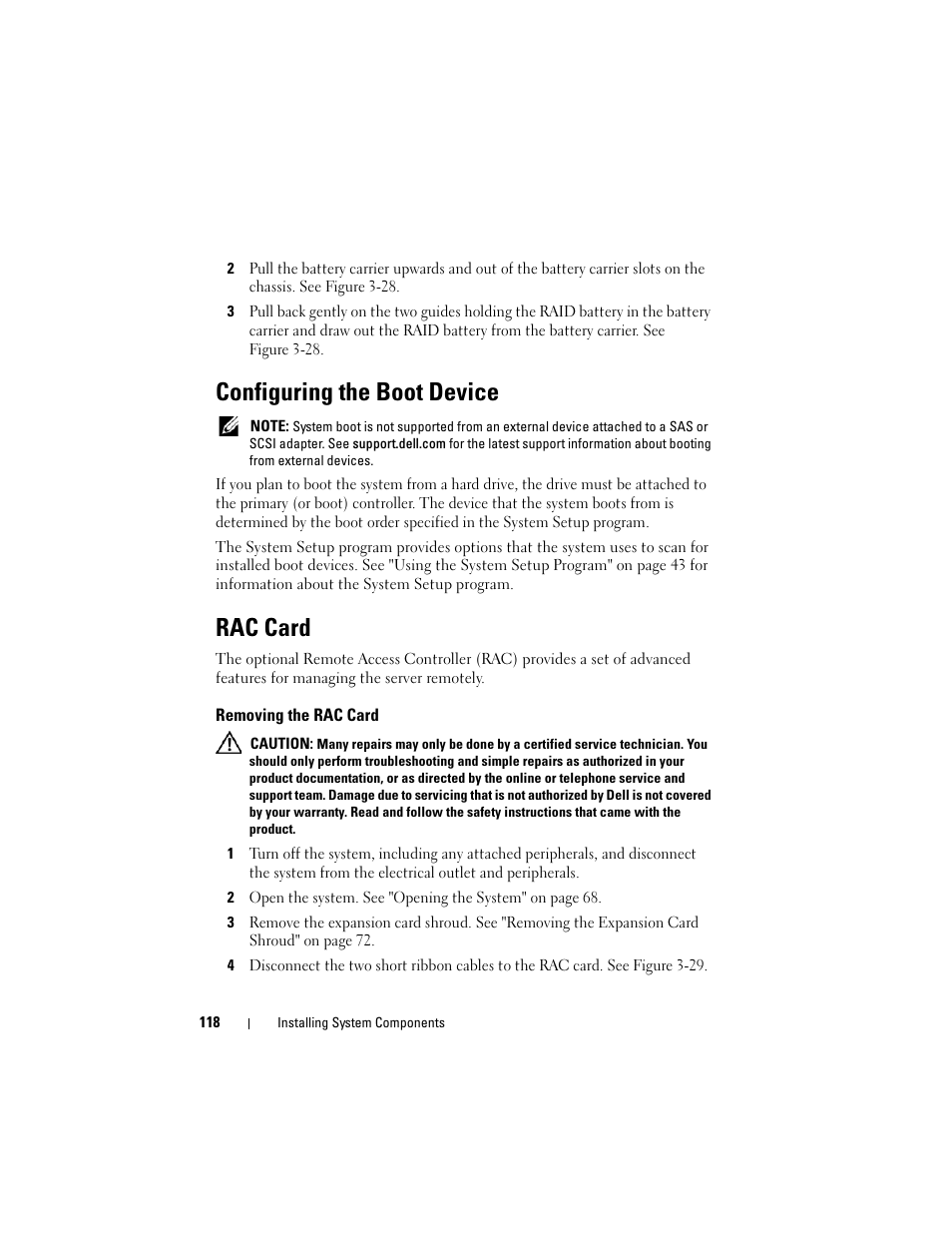 Configuring the boot device, Rac card, Removing the rac card | Dell PowerEdge T605 User Manual | Page 118 / 230