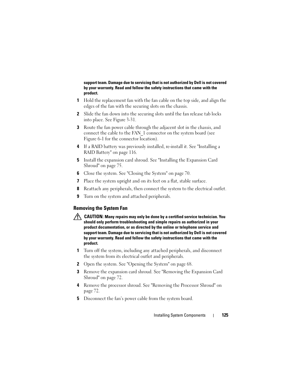 Removing the system fan | Dell PowerEdge T605 User Manual | Page 125 / 230