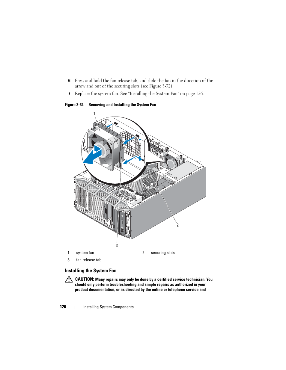 Installing the system fan | Dell PowerEdge T605 User Manual | Page 126 / 230