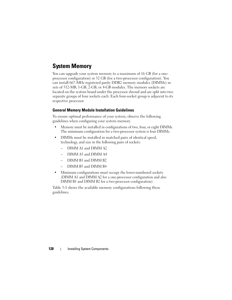 System memory, General memory module installation guidelines | Dell PowerEdge T605 User Manual | Page 128 / 230