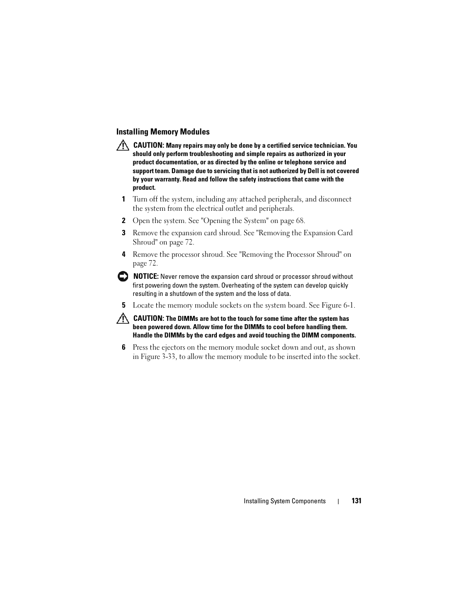 Installing memory modules | Dell PowerEdge T605 User Manual | Page 131 / 230