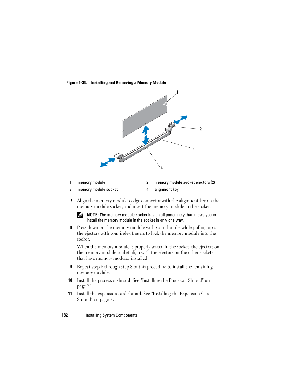 In figure 3-33, to allow the memory module | Dell PowerEdge T605 User Manual | Page 132 / 230