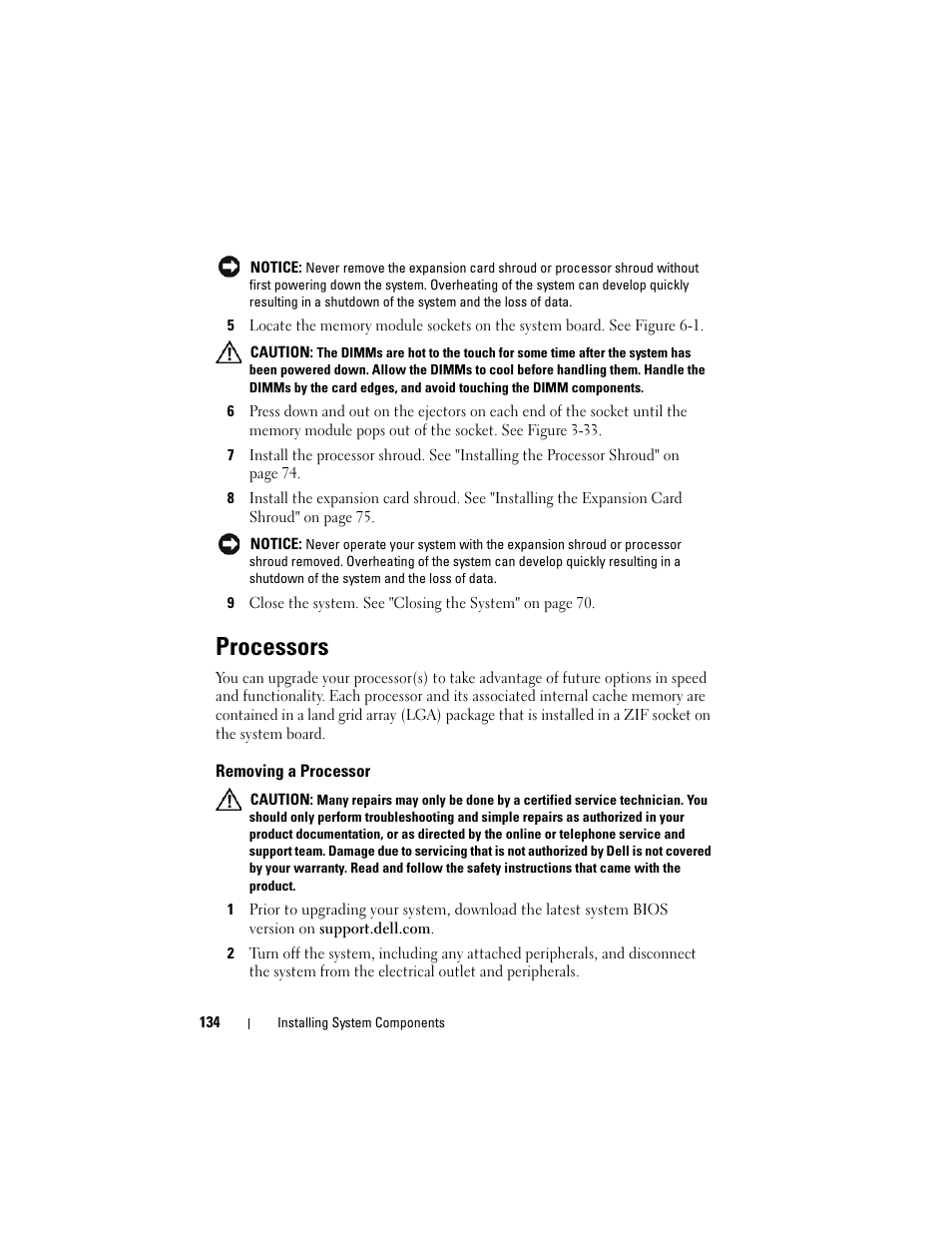 Processors, Removing a processor | Dell PowerEdge T605 User Manual | Page 134 / 230