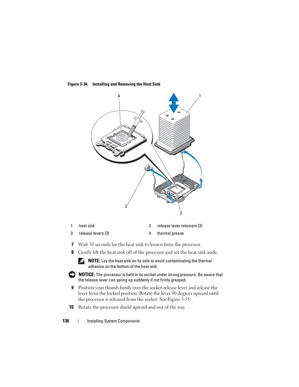 Lease the heat sink. see figure 3-34 | Dell PowerEdge T605 User Manual | Page 136 / 230