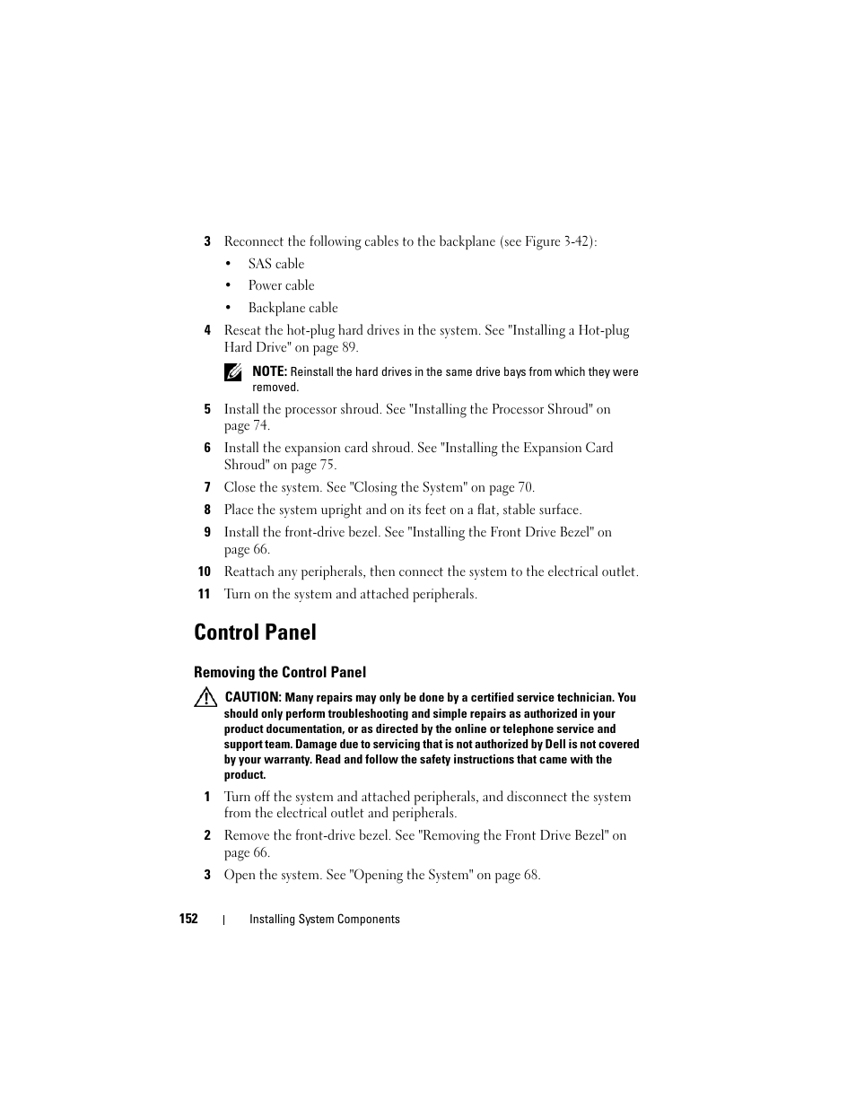 Control panel, Removing the control panel | Dell PowerEdge T605 User Manual | Page 152 / 230