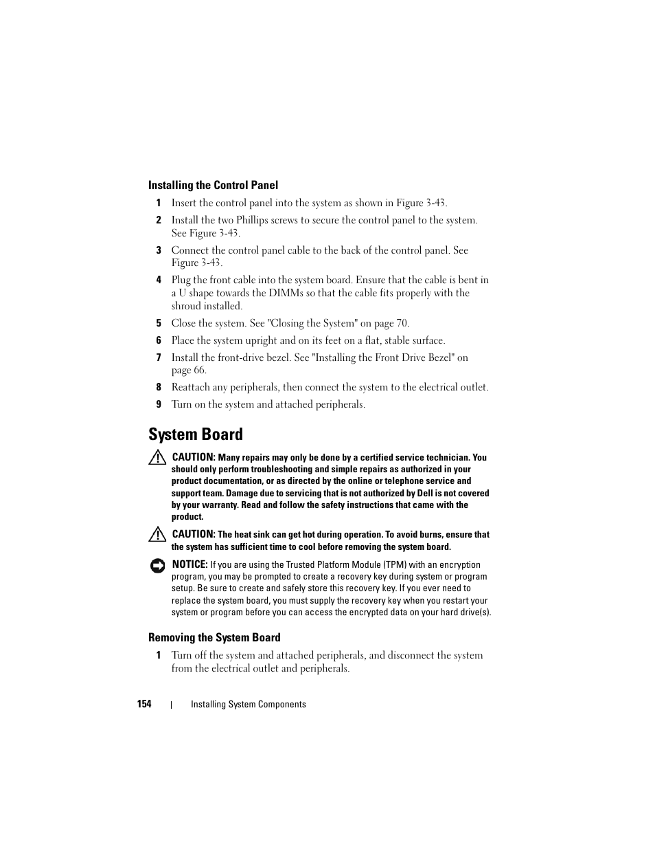 Installing the control panel, System board, Removing the system board | Dell PowerEdge T605 User Manual | Page 154 / 230