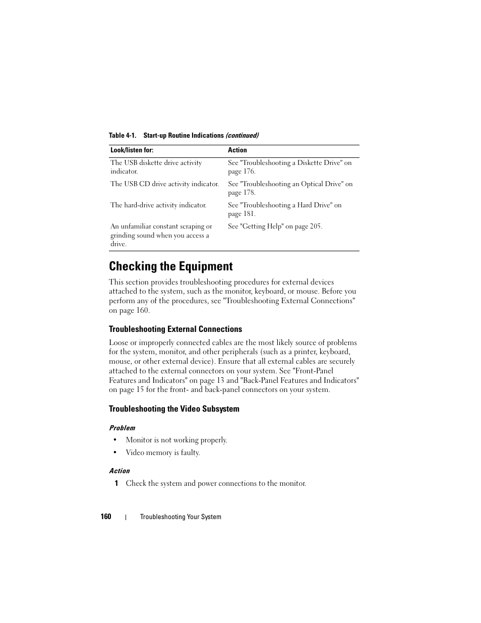 Checking the equipment, Troubleshooting external connections, Troubleshooting the video subsystem | Dell PowerEdge T605 User Manual | Page 160 / 230