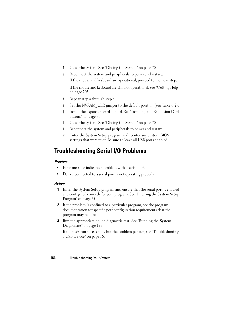 Troubleshooting serial i/o problems | Dell PowerEdge T605 User Manual | Page 164 / 230