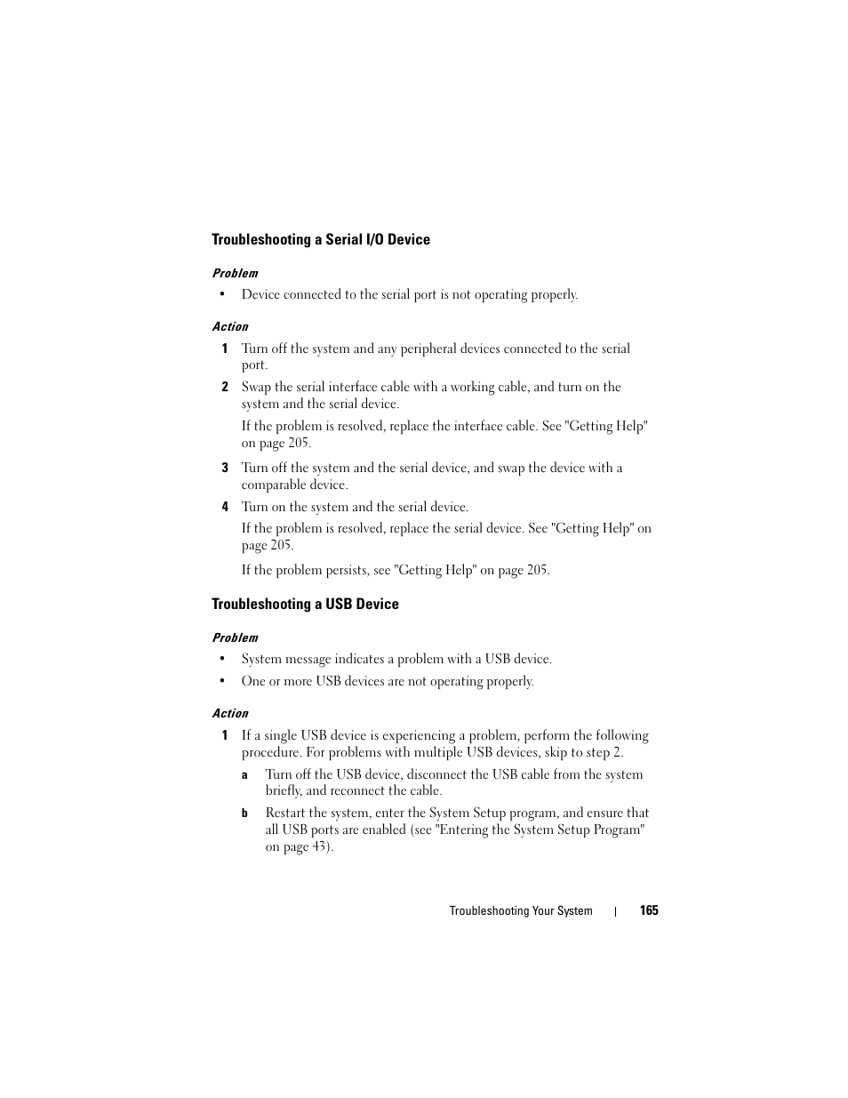 Troubleshooting a serial i/o device, Troubleshooting a usb device | Dell PowerEdge T605 User Manual | Page 165 / 230