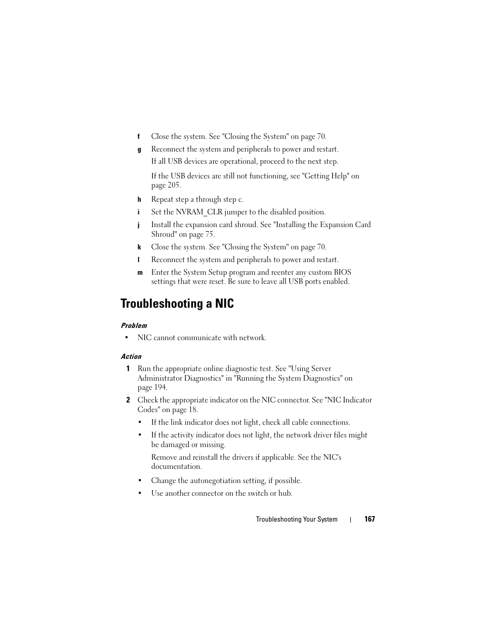 Troubleshooting a nic | Dell PowerEdge T605 User Manual | Page 167 / 230