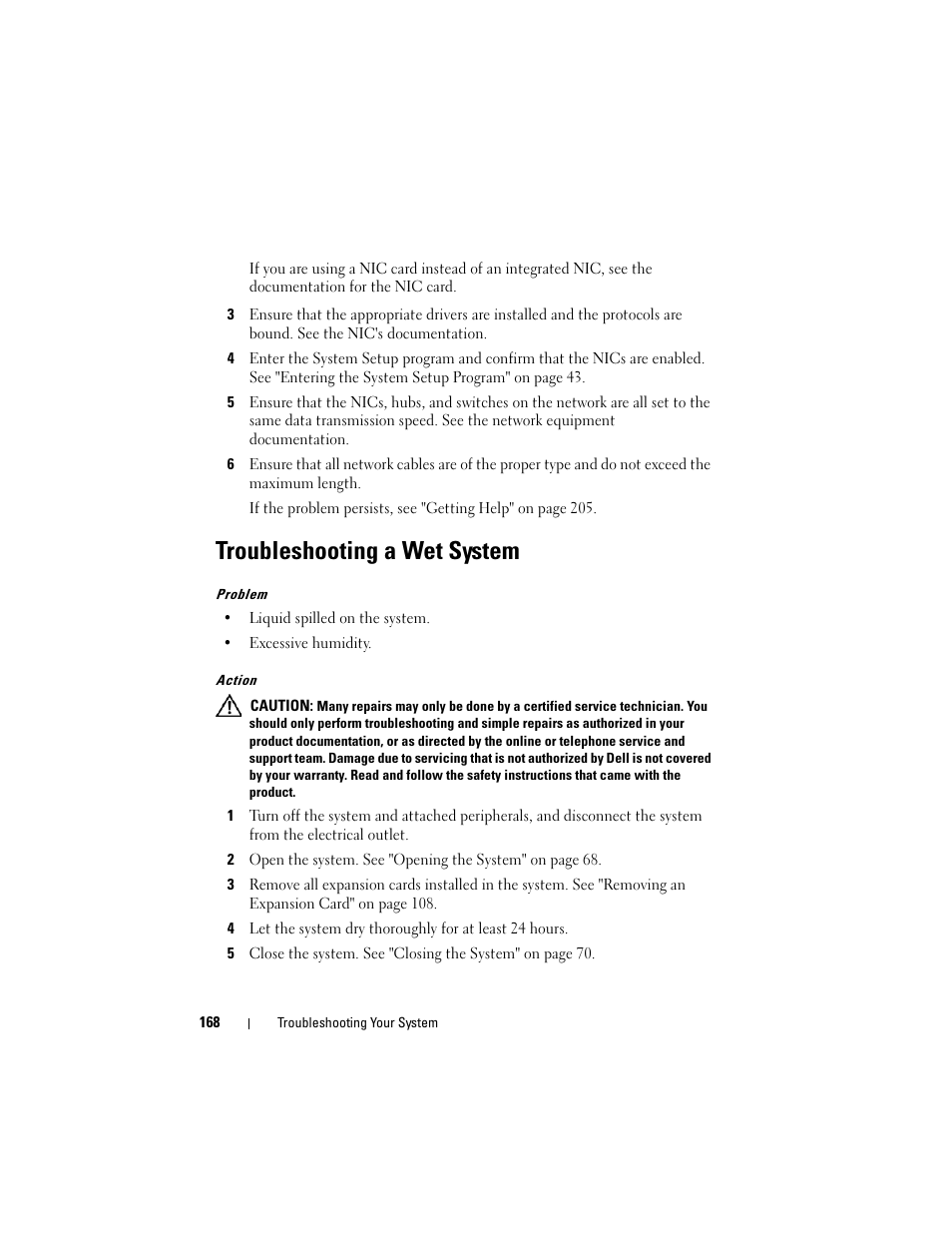 Troubleshooting a wet system | Dell PowerEdge T605 User Manual | Page 168 / 230