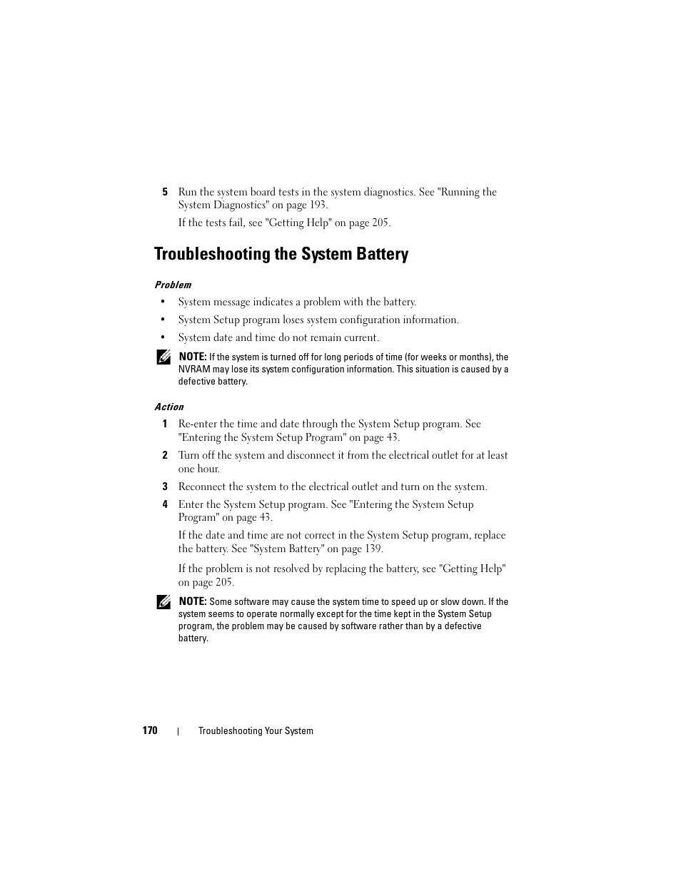 Troubleshooting the system battery, Ee "troubleshooting the | Dell PowerEdge T605 User Manual | Page 170 / 230