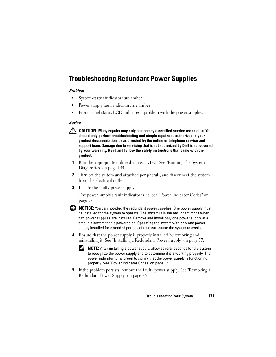 Troubleshooting redundant power supplies | Dell PowerEdge T605 User Manual | Page 171 / 230