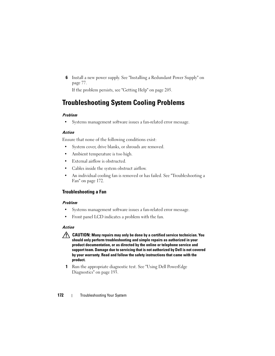 Troubleshooting system cooling problems, Troubleshooting a fan | Dell PowerEdge T605 User Manual | Page 172 / 230