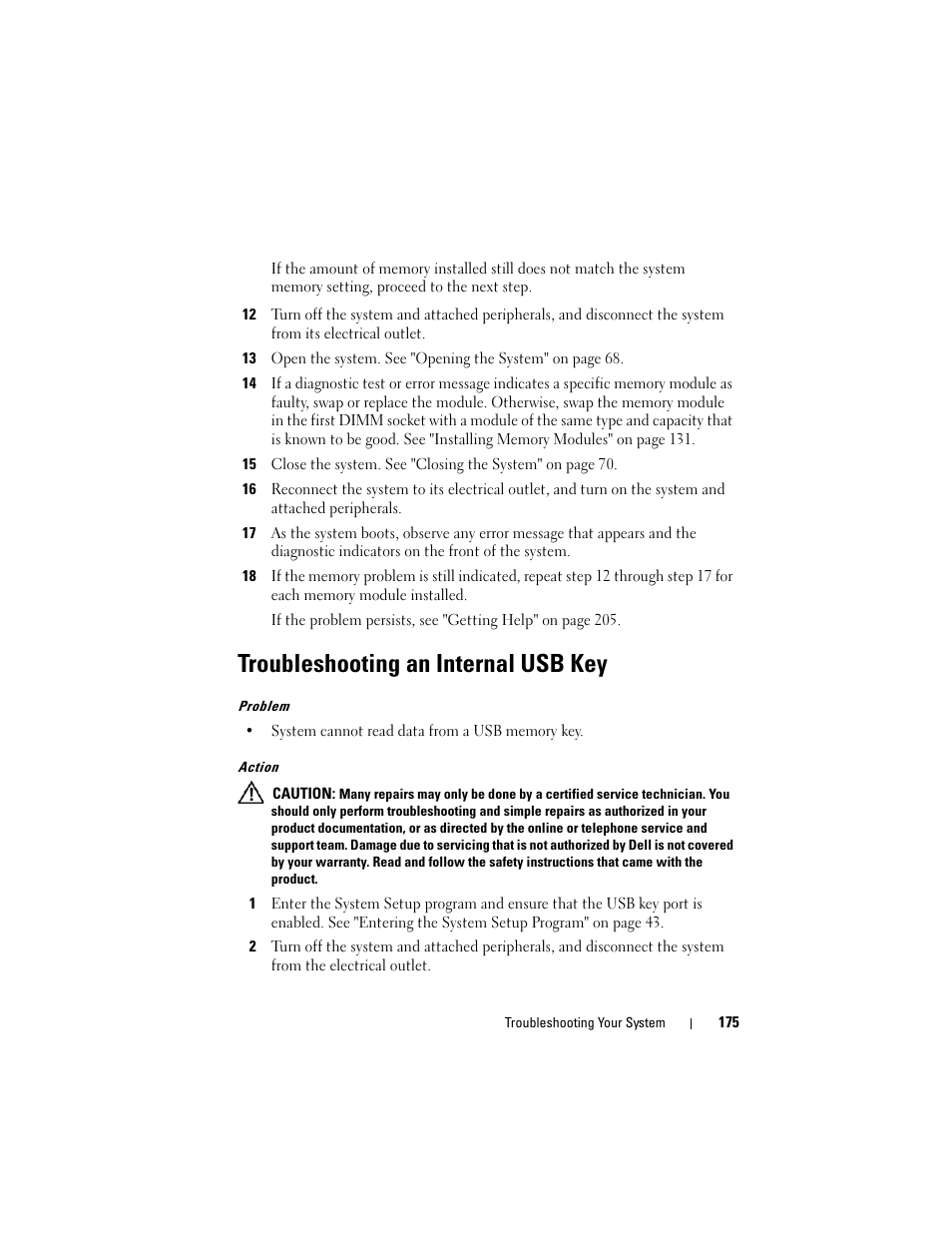 Troubleshooting an internal usb key, Module, go to step 12, Step 12 | Dell PowerEdge T605 User Manual | Page 175 / 230