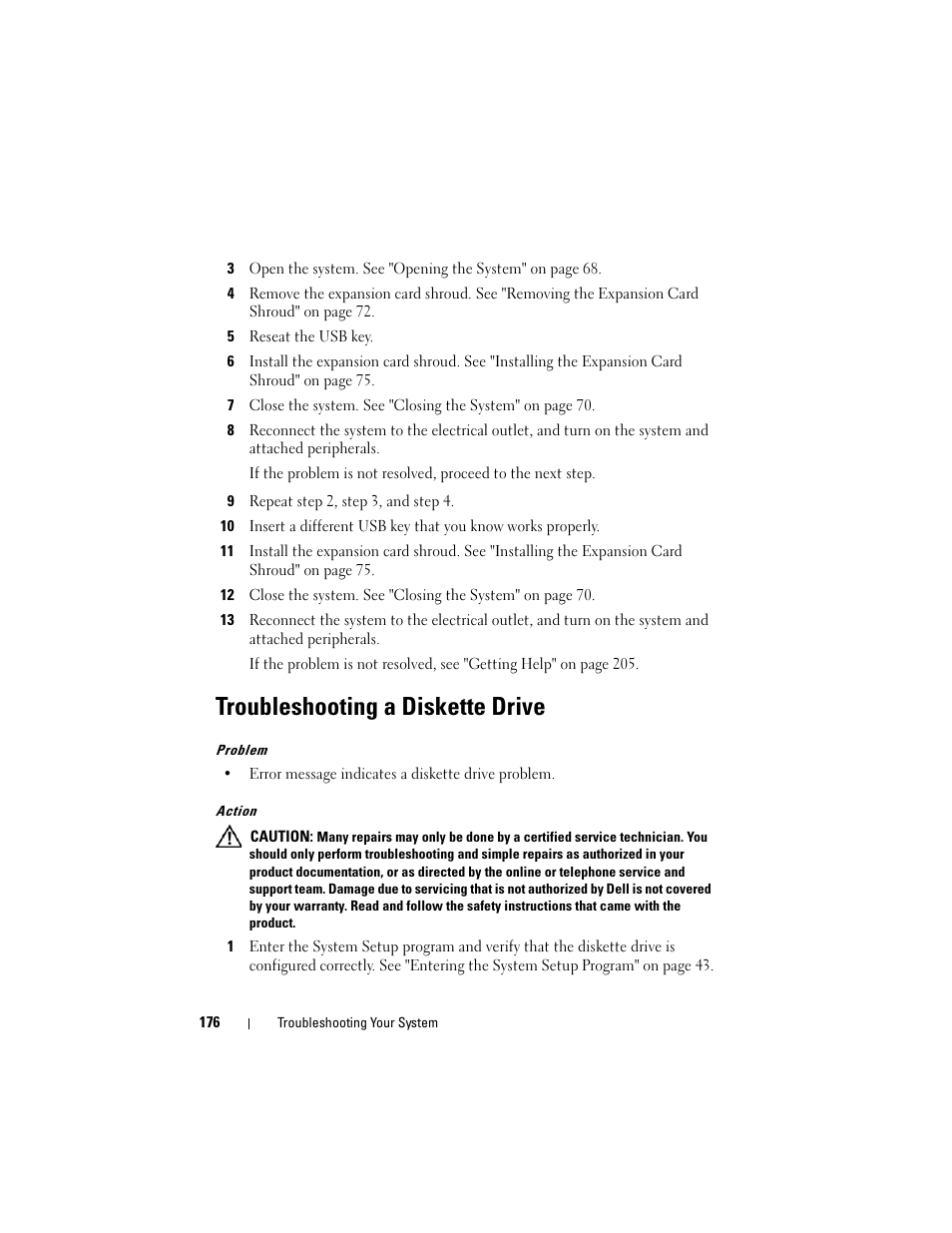 Troubleshooting a diskette drive | Dell PowerEdge T605 User Manual | Page 176 / 230