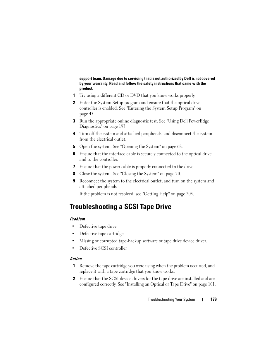 Troubleshooting a scsi tape drive | Dell PowerEdge T605 User Manual | Page 179 / 230