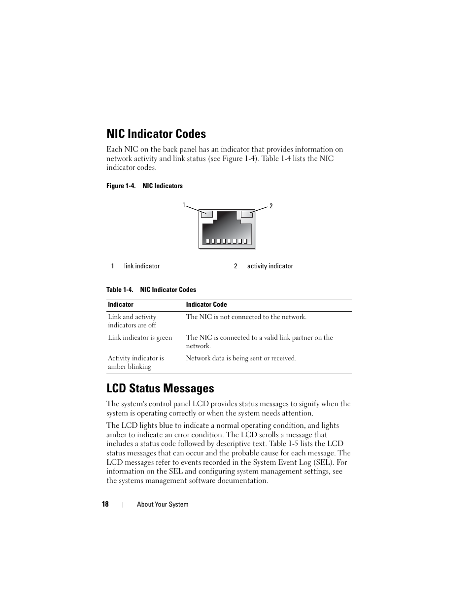 Nic indicator codes, Lcd status messages | Dell PowerEdge T605 User Manual | Page 18 / 230