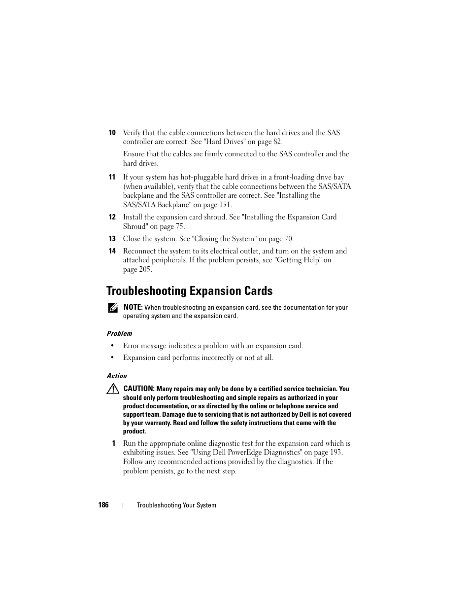 Troubleshooting expansion cards | Dell PowerEdge T605 User Manual | Page 186 / 230