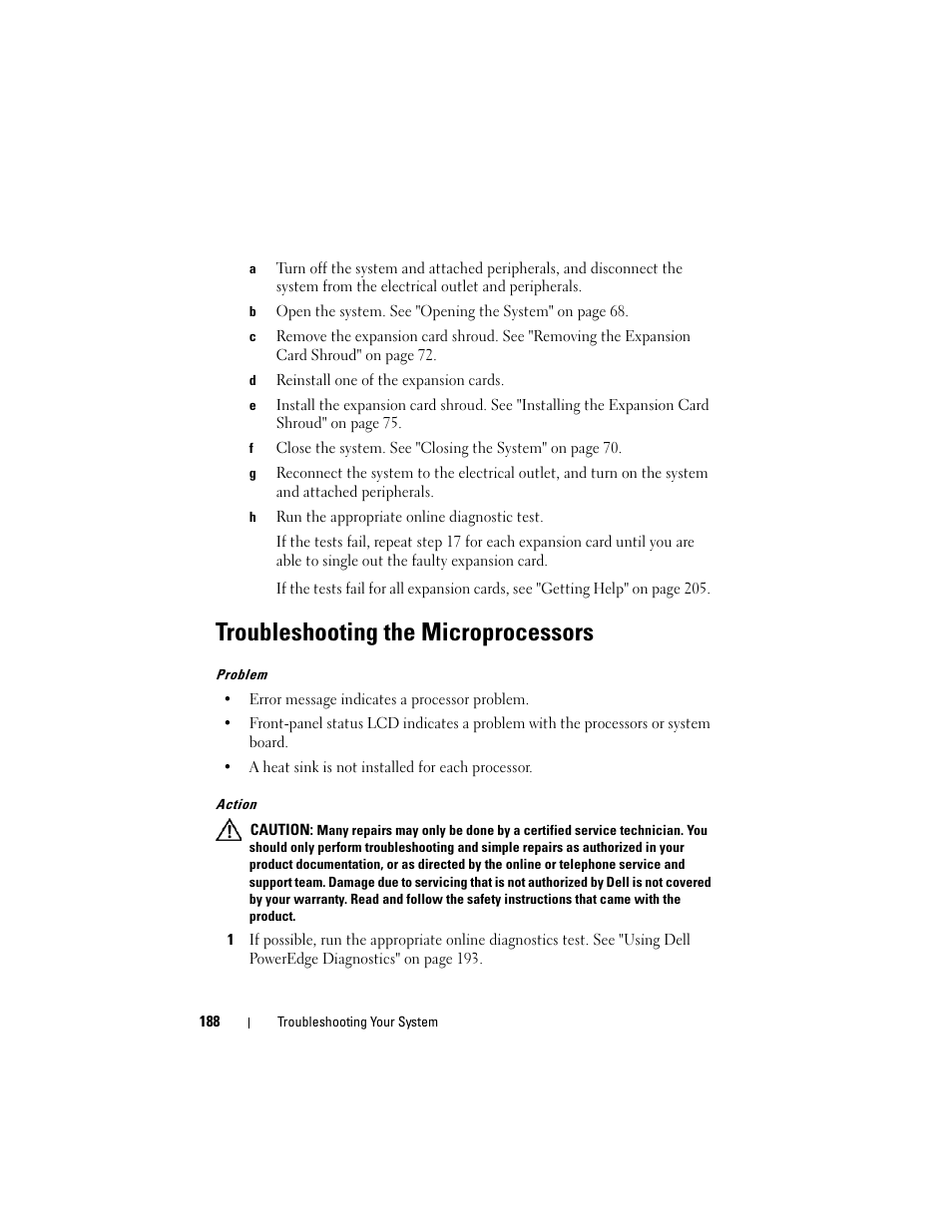 Troubleshooting the microprocessors | Dell PowerEdge T605 User Manual | Page 188 / 230