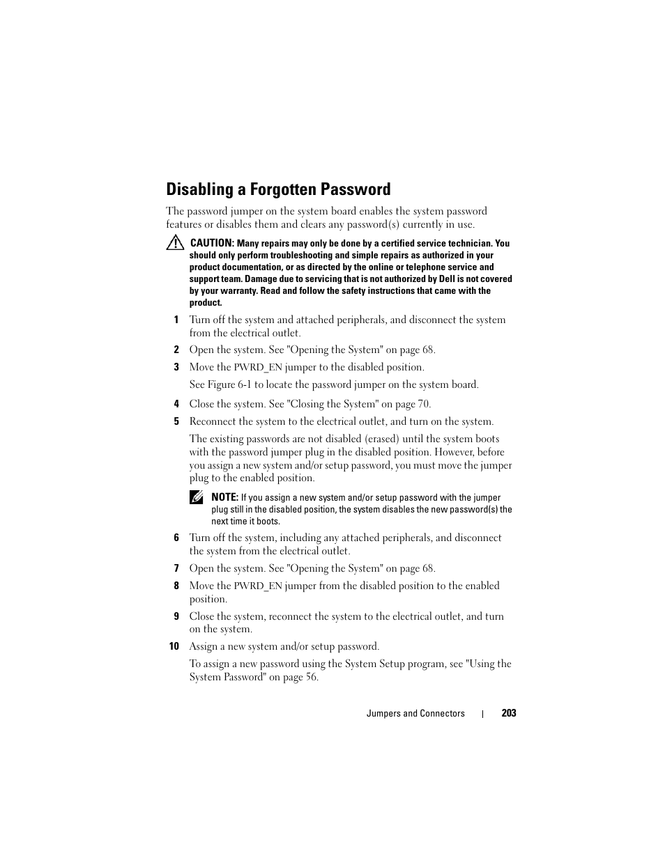 Disabling a forgotten password | Dell PowerEdge T605 User Manual | Page 203 / 230