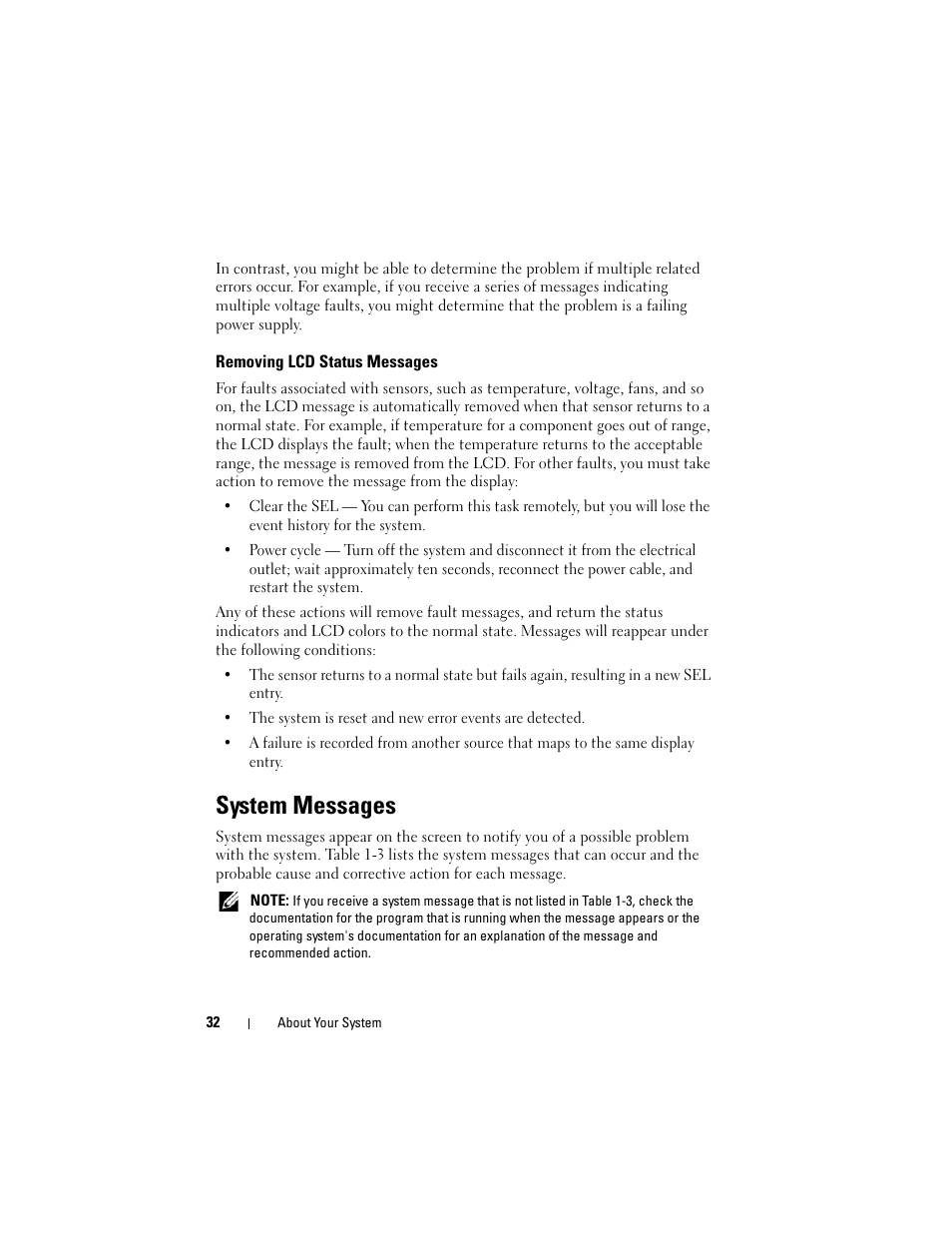 Removing lcd status messages, System messages | Dell PowerEdge T605 User Manual | Page 32 / 230