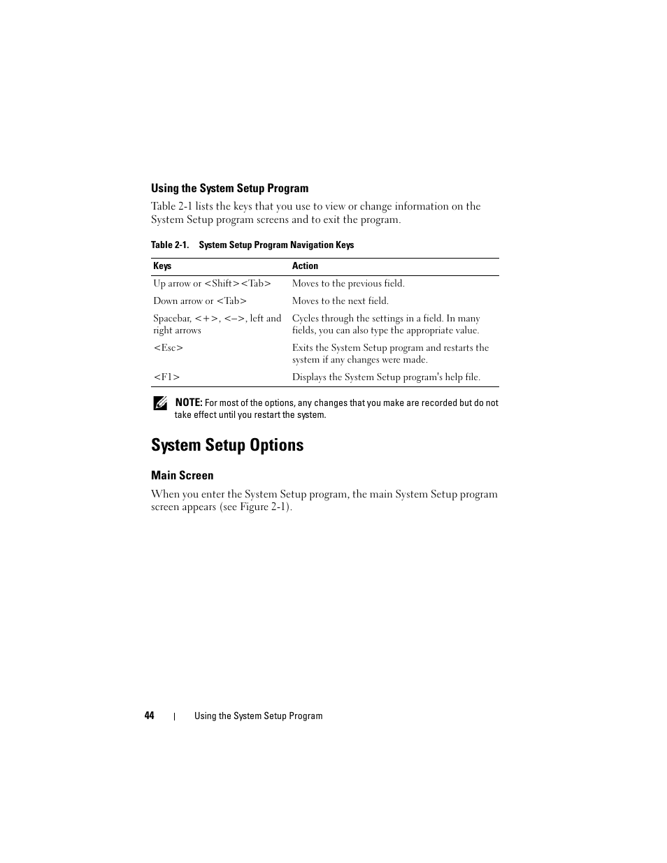 Using the system setup program, System setup options, Main screen | Dell PowerEdge T605 User Manual | Page 44 / 230