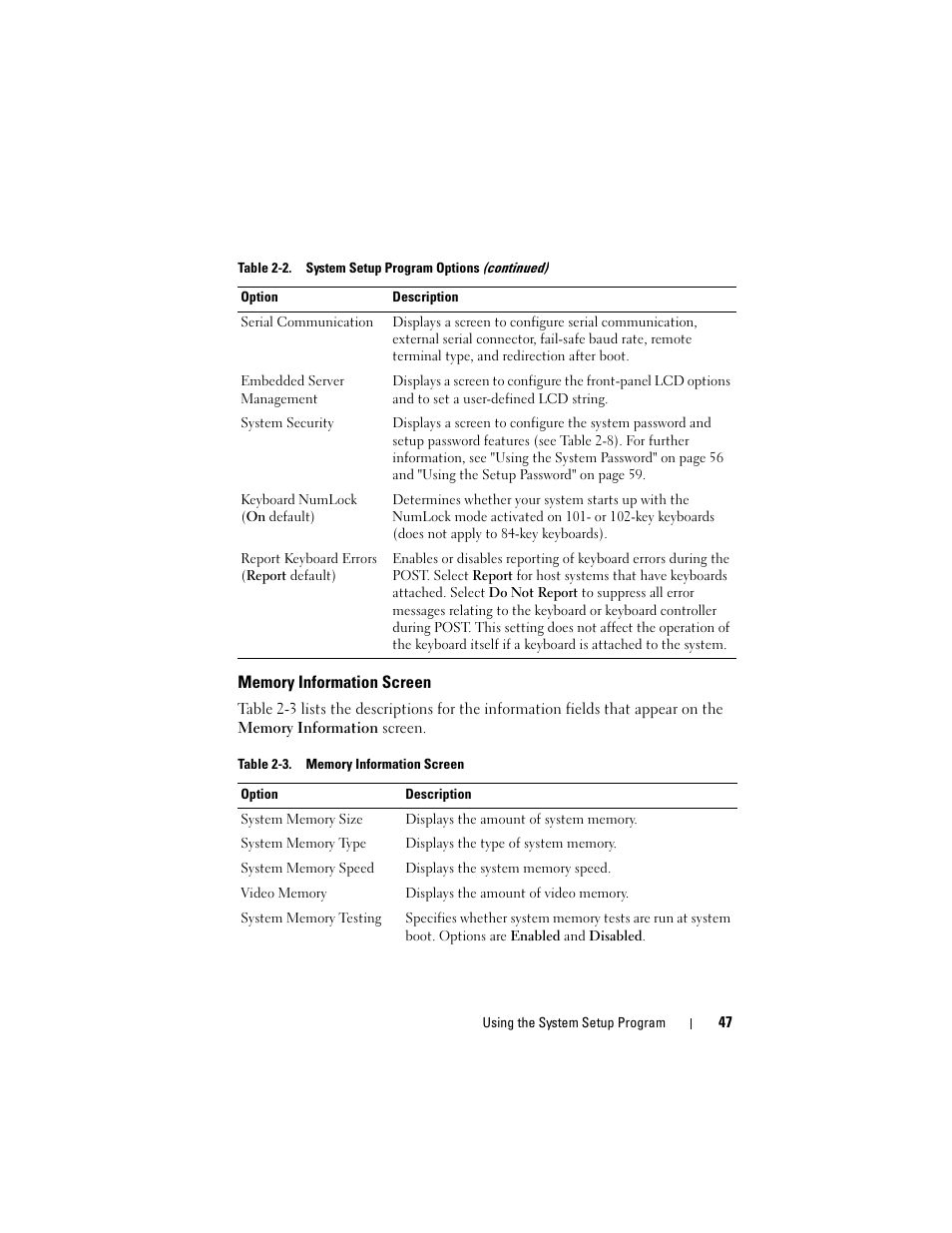 Memory information screen | Dell PowerEdge T605 User Manual | Page 47 / 230