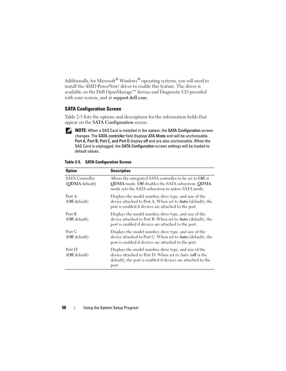 Sata configuration screen | Dell PowerEdge T605 User Manual | Page 50 / 230