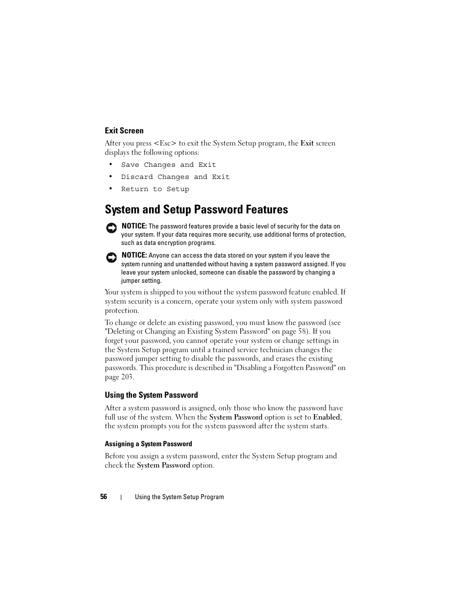 Exit screen, System and setup password features, Using the system password | Dell PowerEdge T605 User Manual | Page 56 / 230