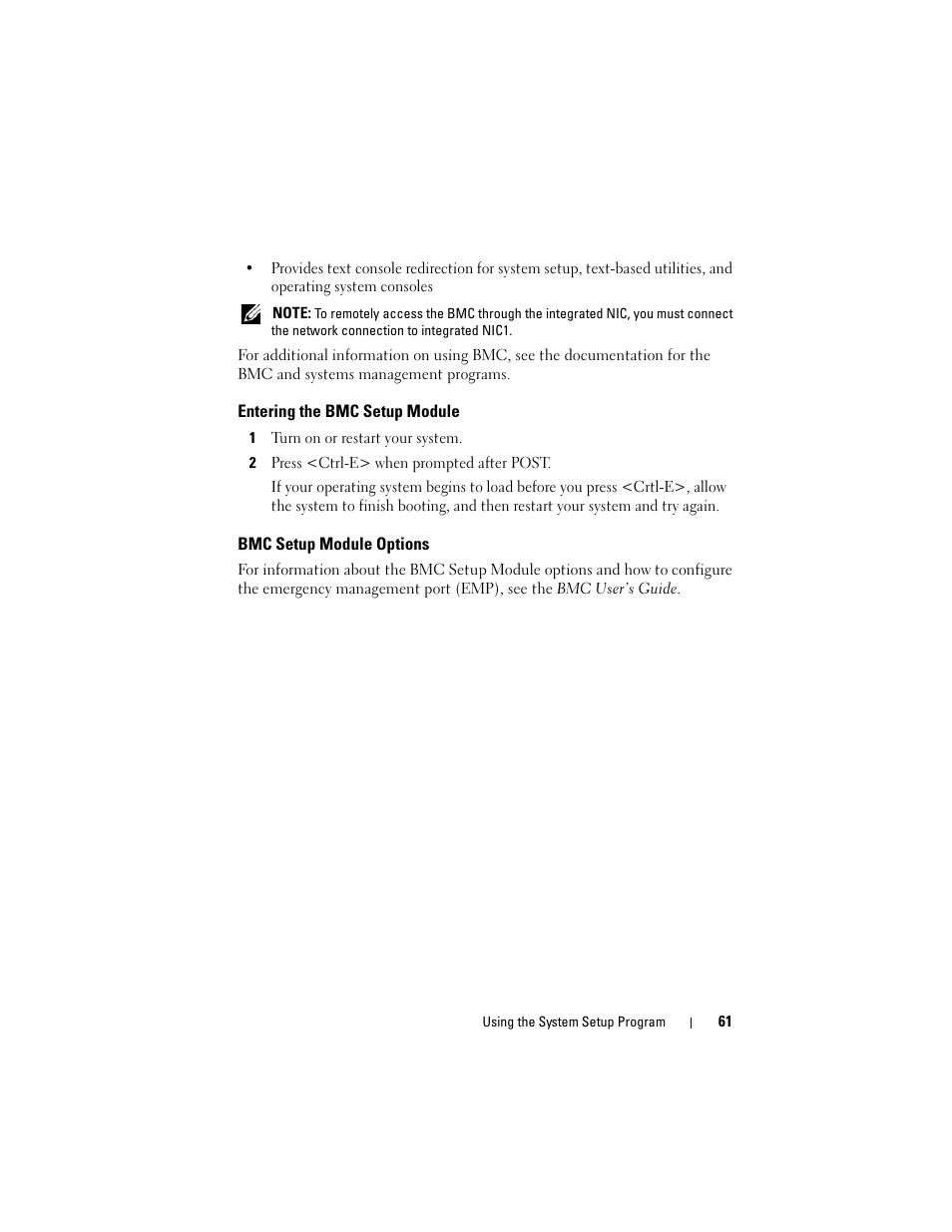Entering the bmc setup module, Bmc setup module options | Dell PowerEdge T605 User Manual | Page 61 / 230