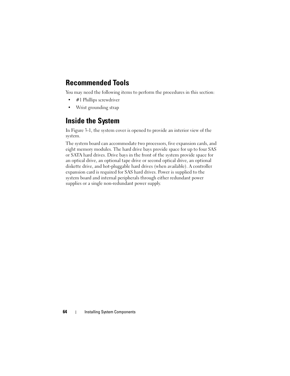 Recommended tools, Inside the system | Dell PowerEdge T605 User Manual | Page 64 / 230