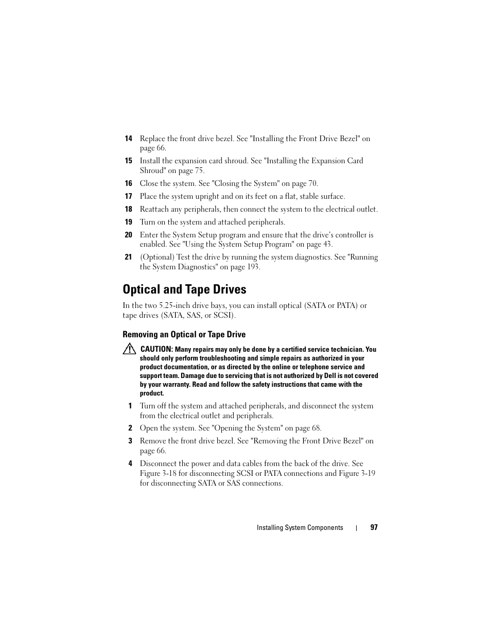 Optical and tape drives, Removing an optical or tape drive | Dell PowerEdge T605 User Manual | Page 97 / 230
