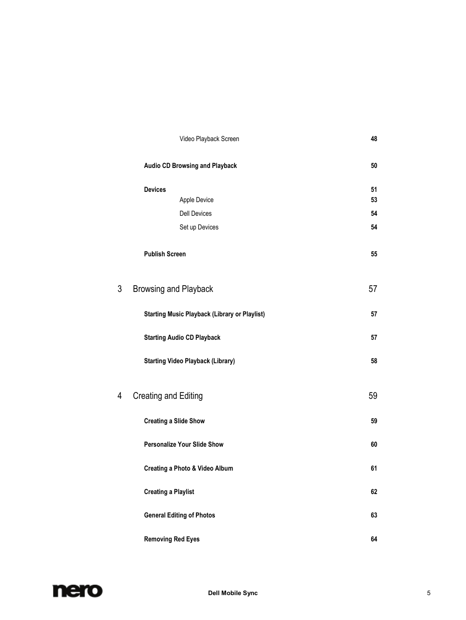 3 browsing and playback 57, 4 creating and editing 59 | Dell Mobile Venue User Manual | Page 5 / 75