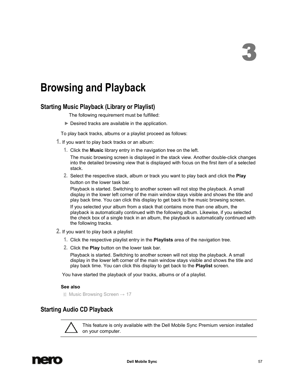 3 browsing and playback, Starting music playback (library or playlist), Starting audio cd playback | Browsing and playback | Dell Mobile Venue User Manual | Page 57 / 75