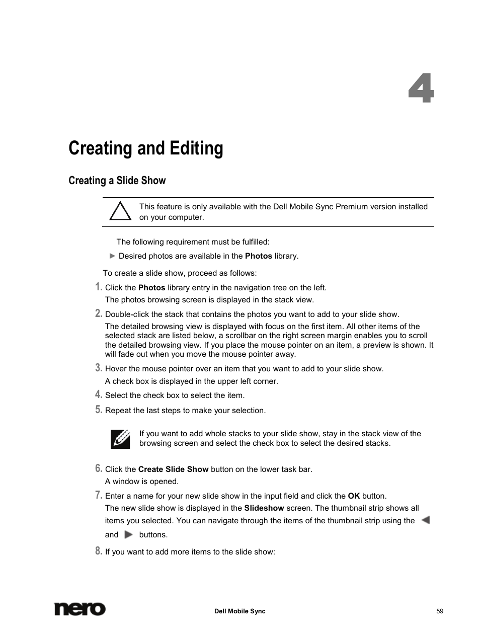 4 creating and editing, Creating a slide show, Creating and editing | Dell Mobile Venue User Manual | Page 59 / 75