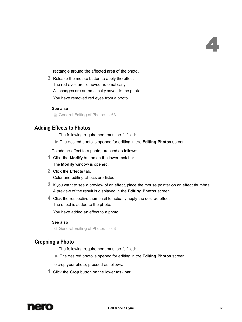Adding effects to photos, Cropping a photo, Adding effects to photos → 65 | Cropping a photo → 65 | Dell Mobile Venue User Manual | Page 65 / 75