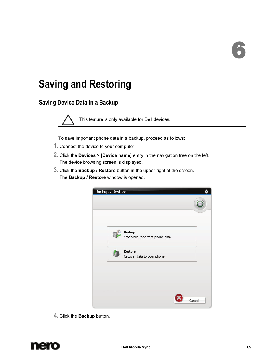6 saving and restoring, Saving device data in a backup, Saving and restoring | Dell Mobile Venue User Manual | Page 69 / 75