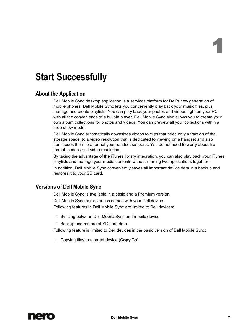 1 start successfully, About the application, Versions of dell mobile sync | Start successfully | Dell Mobile Venue User Manual | Page 7 / 75